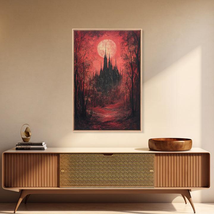 Red Moon Gothic Castle In Dark Forest Wall Art, Romantic Gothic Framed Canvas Print, Moody Halloween Bedroom Decor Gift For Her