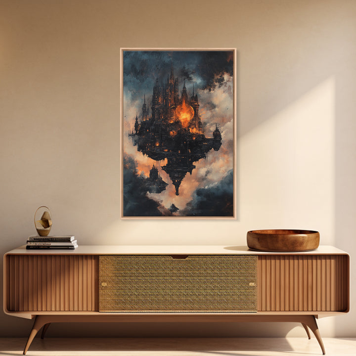 Dark Floating Gothic Castle, Fantasy Framed Canvas Print, Moody Cloudscape Wall Art, Dark Academia Home Decor Gift For Him