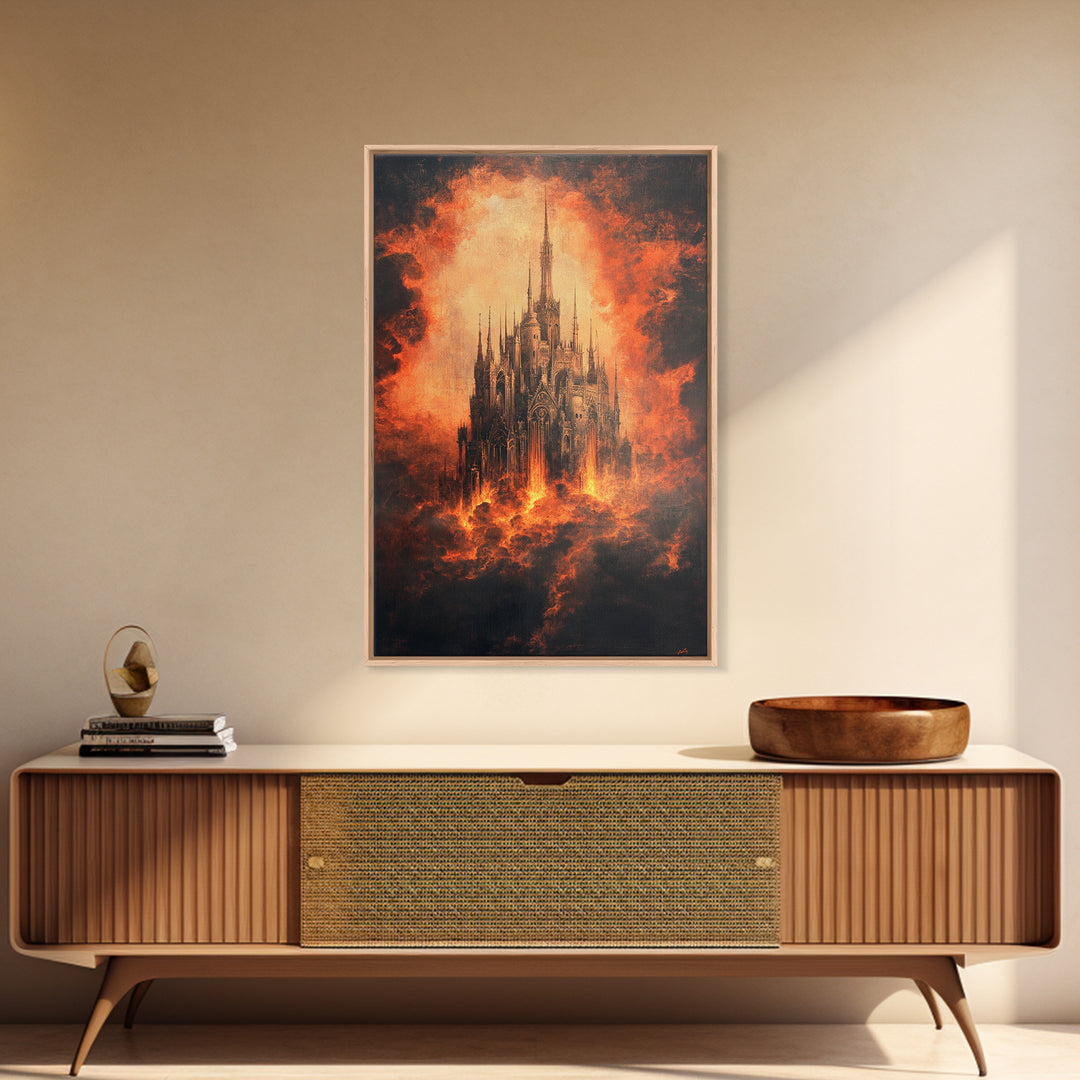 Fiery Gothic Cathedral In Storm Clouds, Dark Fantasy Canvas Print, Moody Wall Art, Gothic Dark Academia Home Decor Gift For Him