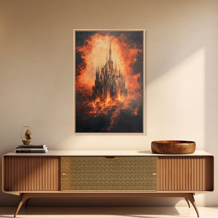 Fiery Gothic Cathedral In Storm Clouds, Dark Fantasy Canvas Print, Moody Wall Art, Gothic Dark Academia Home Decor Gift For Him