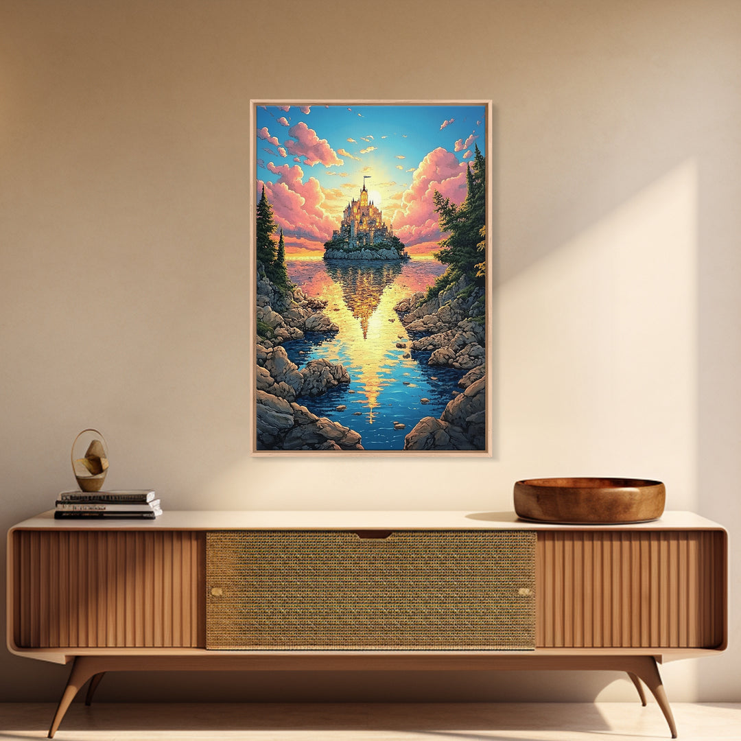 Island Castle Reflected In Cove, Fantasy Wall Art, Colorful Coastal Landscape Canvas Print, Whimsical Home Decor Gift Idea