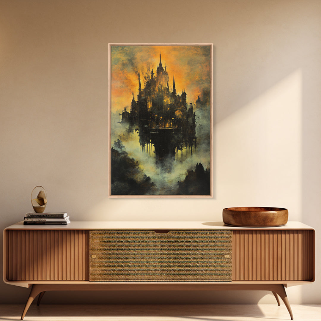 Moody Castle In Golden Mist, Dark Fantasy Framed Canvas Print, Gothic Wall Art, Dark Academia Living Room Decor Gift For Him
