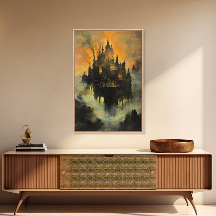Moody Castle In Golden Mist, Dark Fantasy Framed Canvas Print, Gothic Wall Art, Dark Academia Living Room Decor Gift For Him