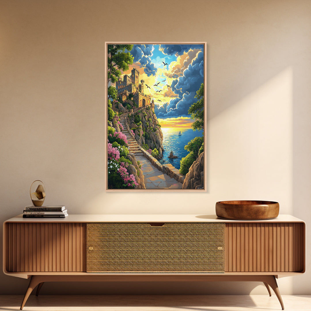 Seaside Ruins Stairway At Sunset, Coastal Wall Art, Castle Landscape Canvas Print, Whimsical Mediterranean Home Decor Gift