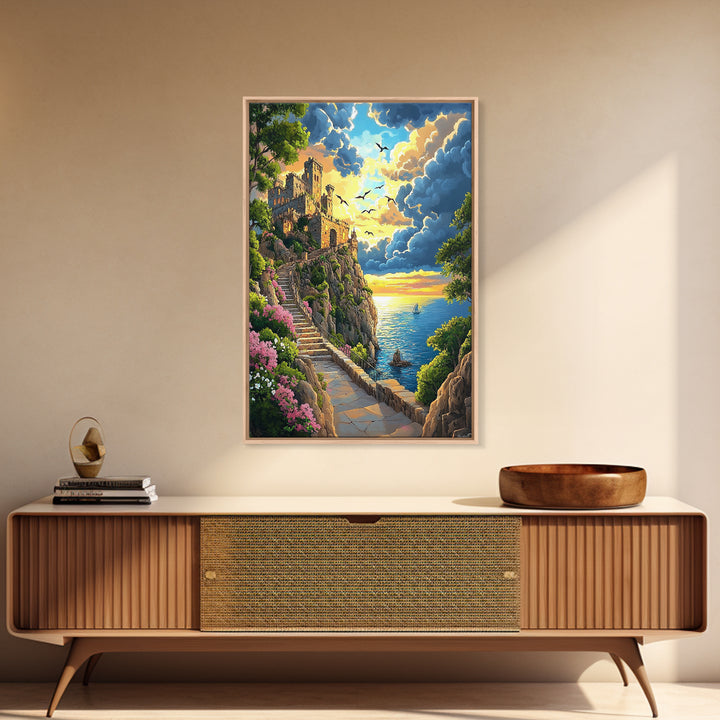 Seaside Ruins Stairway At Sunset, Coastal Wall Art, Castle Landscape Canvas Print, Whimsical Mediterranean Home Decor Gift