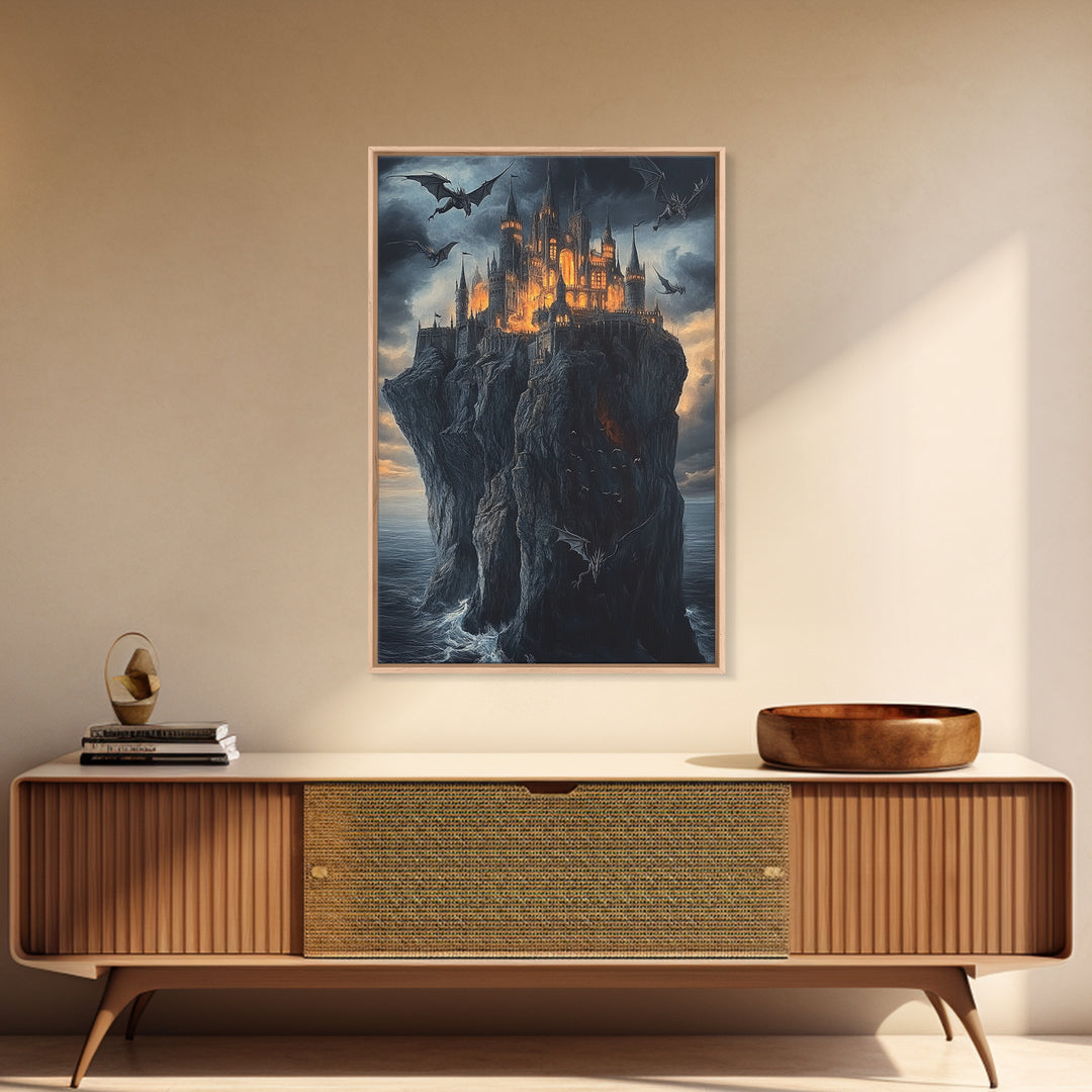Gothic Dragon Castle On Sea Cliff Framed Canvas Print, Dark Fantasy Wall Art, Medieval Decor, Moody Castle Art Gift, Gothic Wall Decor