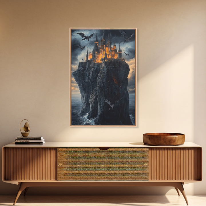 Gothic Dragon Castle On Sea Cliff Framed Canvas Print, Dark Fantasy Wall Art, Medieval Decor, Moody Castle Art Gift, Gothic Wall Decor