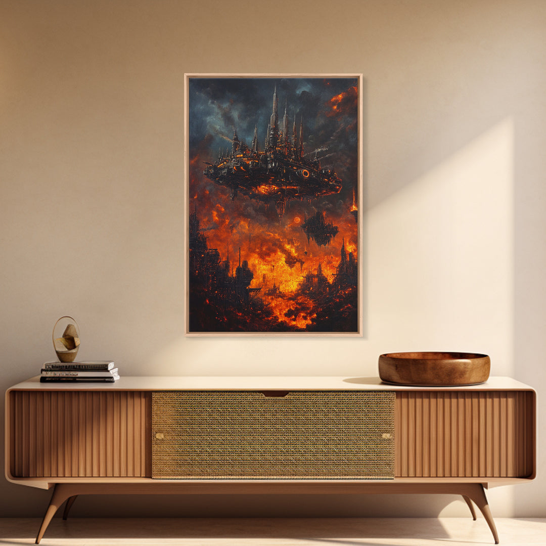Fiery Dystopian Floating City Framed Canvas Print, Cyberpunk Wall Art, Dark Sci Fi Decor, Apocalyptic Fantasy Art, Poster