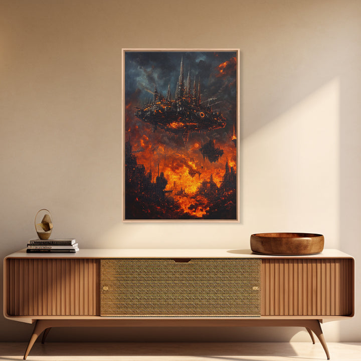 Fiery Dystopian Floating City Framed Canvas Print, Cyberpunk Wall Art, Dark Sci Fi Decor, Apocalyptic Fantasy Art, Poster