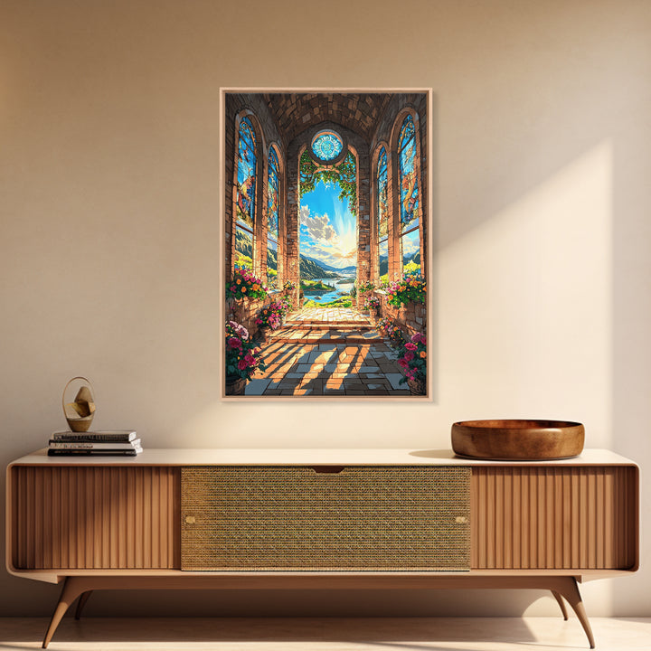 Cathedral Window Lake Vista Framed Canvas Print, Stained Glass Wall Art, Floral Garden Decor, Serene Coastal Landscape Art