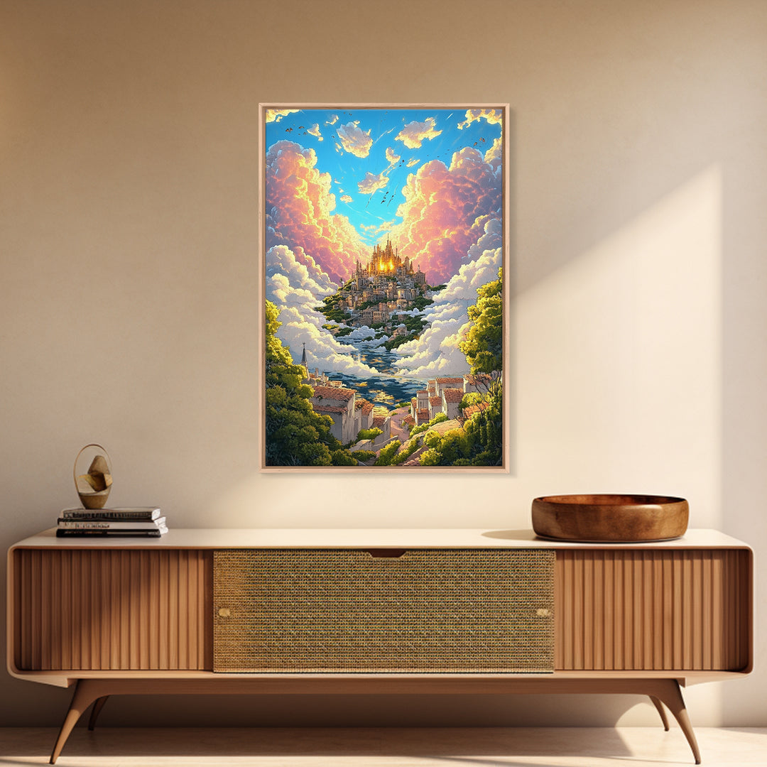 Heavenly Cloud City Above Coastal Village Canvas Print, Fantasy Wall Art, Colorful Landscape Decor, Dreamy Sunlit Poster