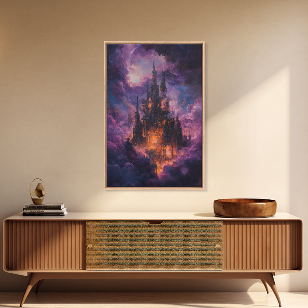 Mystical Purple Cloud Castle Framed Canvas Print, Dark Fantasy Wall Art, Celestial Gothic Decor, Moody Surreal Art Gift For Her