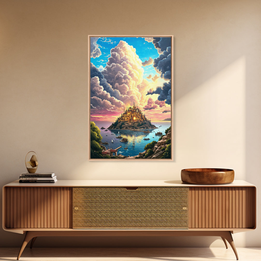Golden Island Castle At Sunset Canvas Print, Fantasy Seascape Wall Decor, Coastal Landscape Art For Living Room Decor Gift