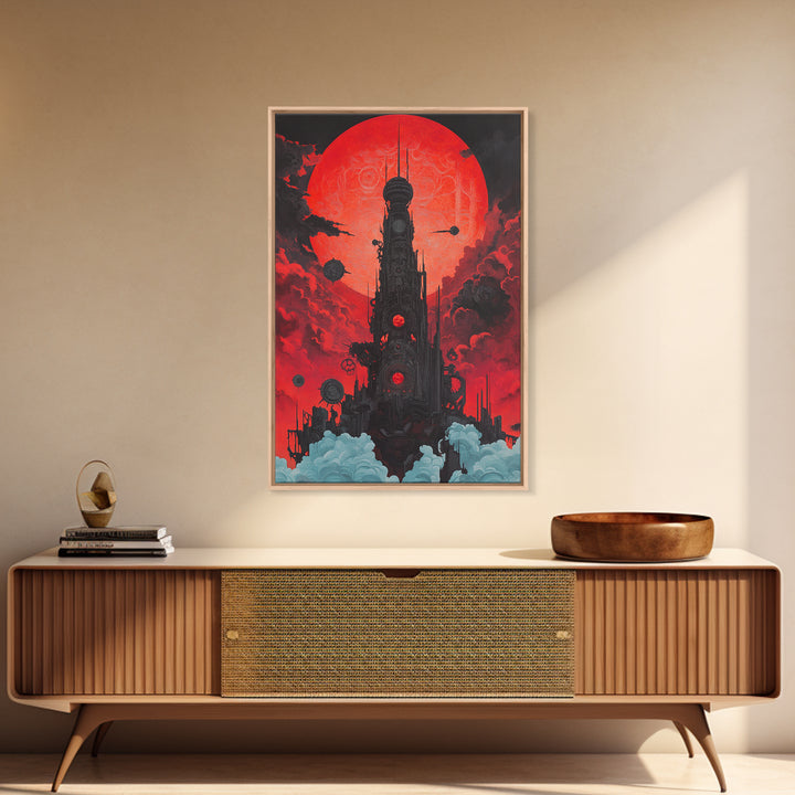Red Moon Futuristic Tower Wall Art, Dark Sci Fi Cityscape Poster, Cyberpunk Gothic Decor For Gaming Room And Office Decor