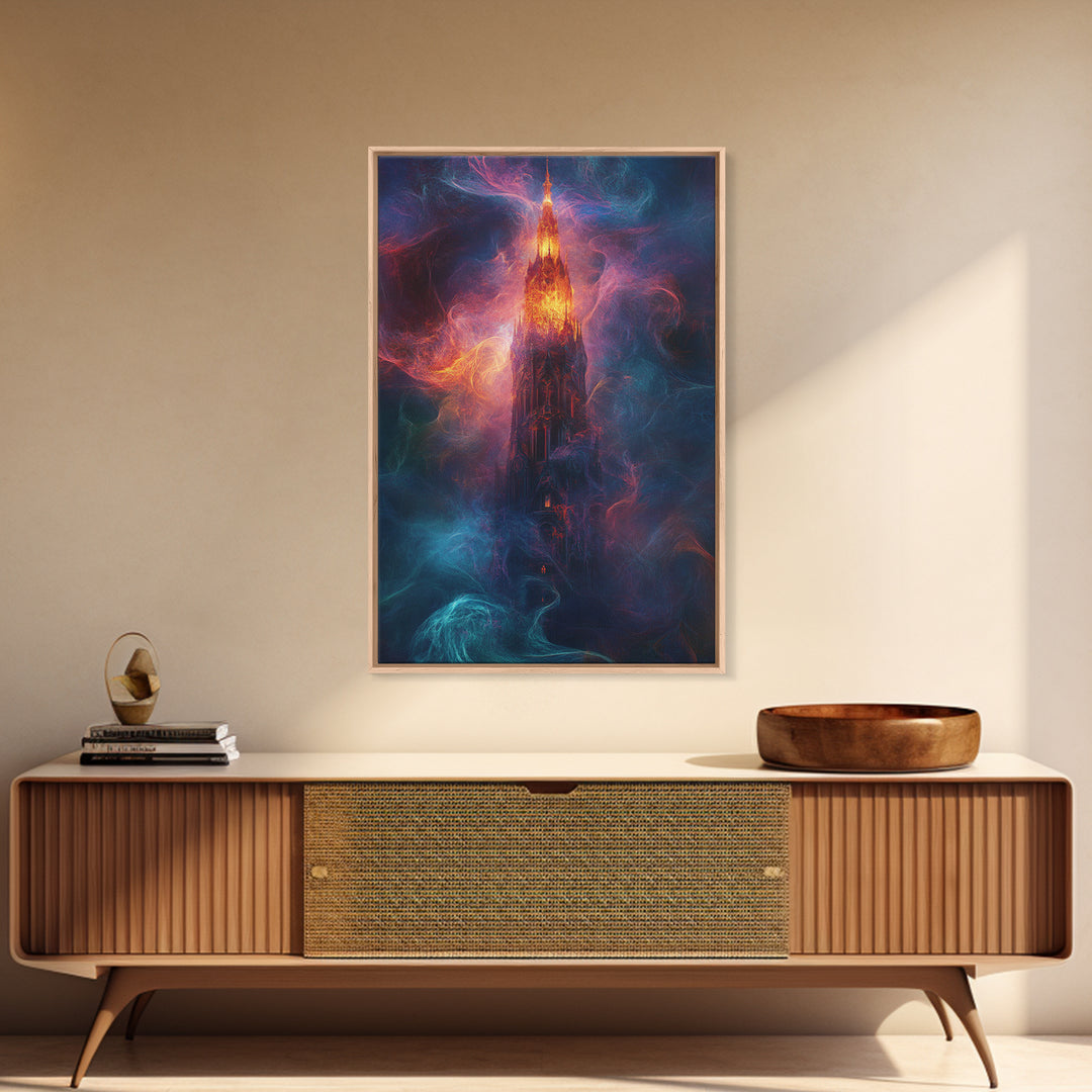 Fiery Gothic Tower Framed Canvas Print, Dark Fantasy Abstract Art, Moody Surreal Wall Decor For Office And Living Room Art