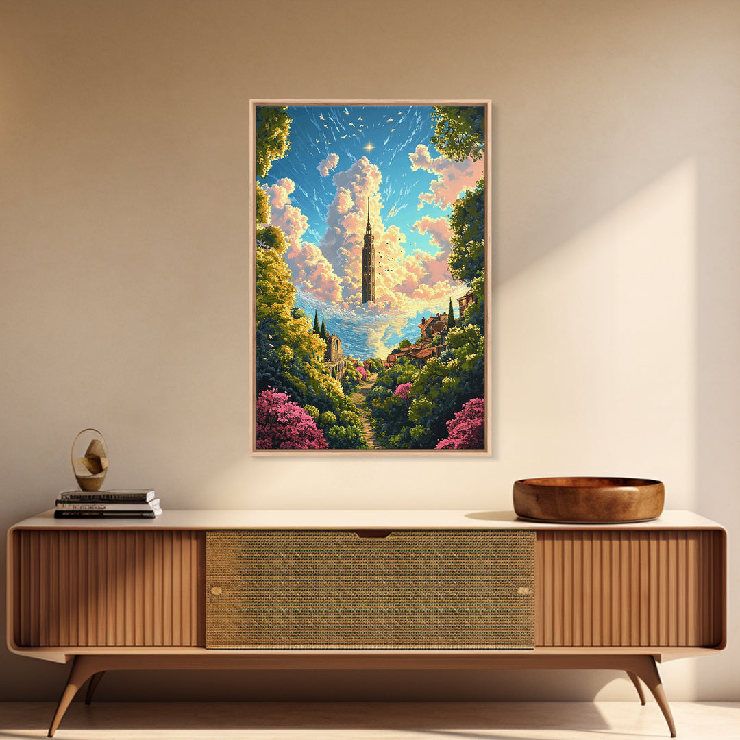 Floating Cloud Tower Canvas Print, Whimsical Fantasy Landscape Wall Art, Dreamy Garden Decor For Bedroom And Nursery Gift