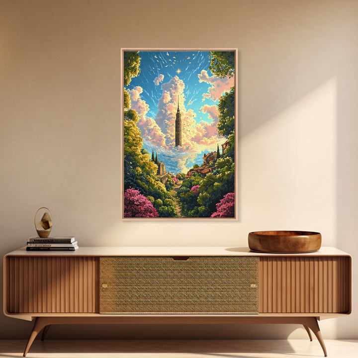 Floating Cloud Tower Canvas Print, Whimsical Fantasy Landscape Wall Art, Dreamy Garden Decor For Bedroom And Nursery Gift