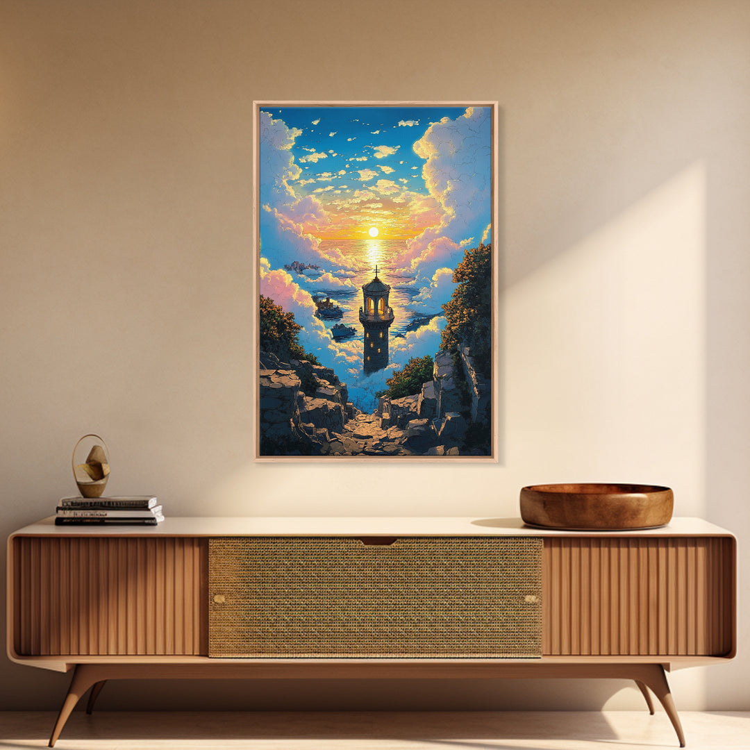 Sunset Sea Tower Canvas Print, Dreamy Cloud Ocean Landscape Wall Art, Coastal Fantasy Decor For Bedroom And Living Room Gift