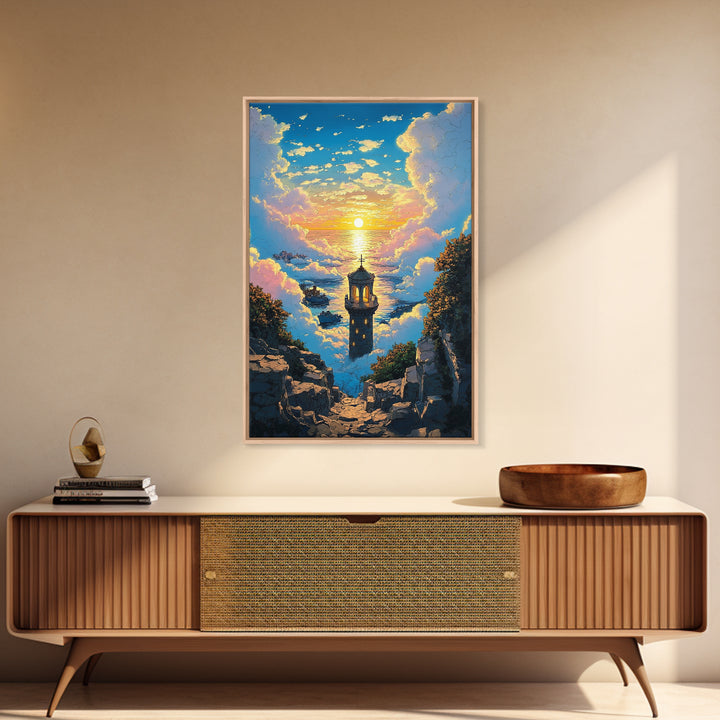 Sunset Sea Tower Canvas Print, Dreamy Cloud Ocean Landscape Wall Art, Coastal Fantasy Decor For Bedroom And Living Room Gift