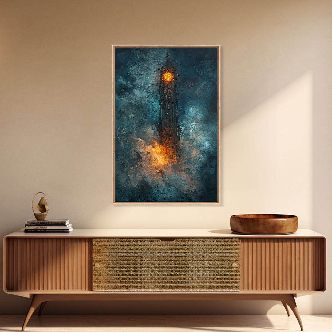 Dark Clock Tower In Teal Fog Wall Art, Gothic Fantasy Castle Canvas, Moody Steampunk Decor, Surreal Large Print, Living Room Wall Decor