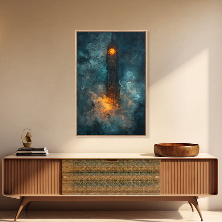 Dark Clock Tower In Teal Fog Wall Art, Gothic Fantasy Castle Canvas, Moody Steampunk Decor, Surreal Large Print, Living Room Wall Decor