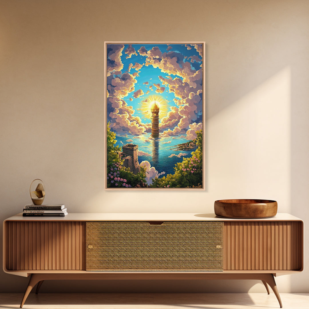 Sunlit Sea Tower And Golden Clouds Framed Canvas Print, Coastal Fantasy Wall Art, Ocean Landscape, Living Room Decor, Home Decor