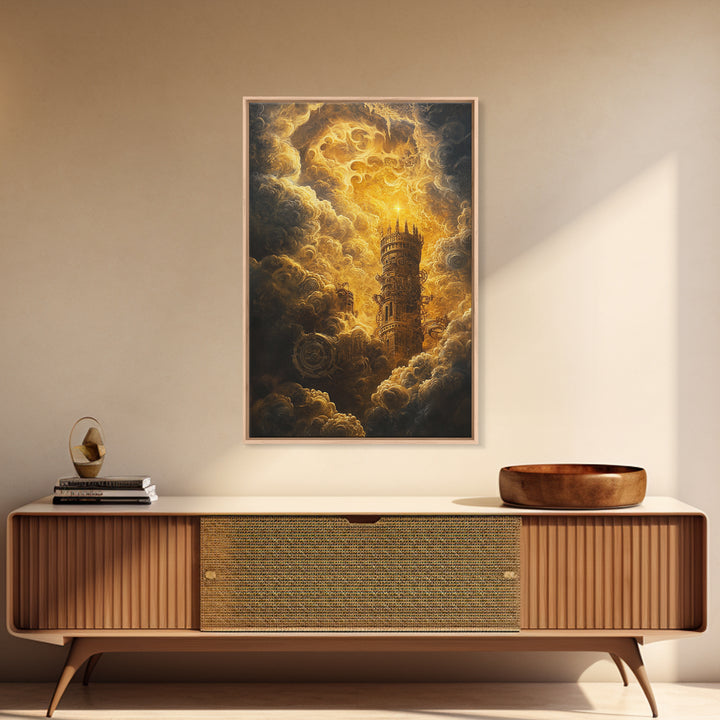 Golden Celestial Tower In Storm Clouds Canvas Print, Dark Fantasy Wall Art, Steampunk Castle, Gothic Living Room Decor Print