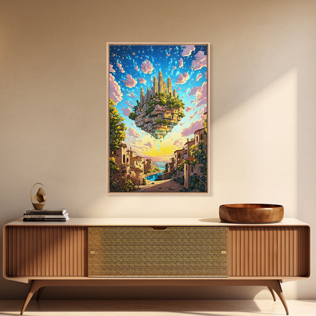 Floating Castle City Over Seaside Village Wall Art, Colorful Fantasy Canvas Print, Whimsical Coastal Living Room Decor Print