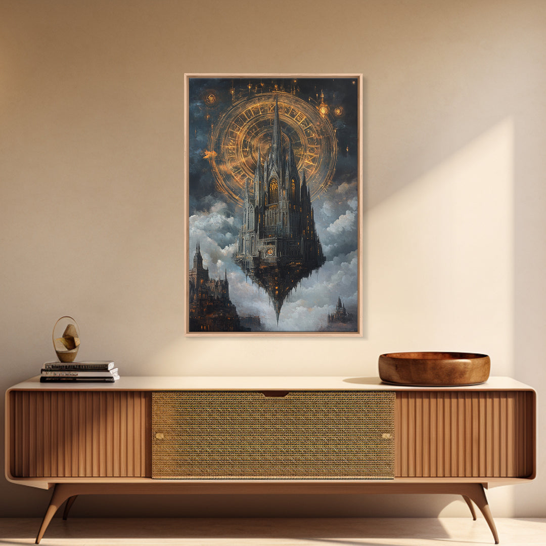 Floating Gothic Cathedral With Celestial Clock Framed Canvas Print, Dark Academia Wall Art, Steampunk Fantasy Office Decor
