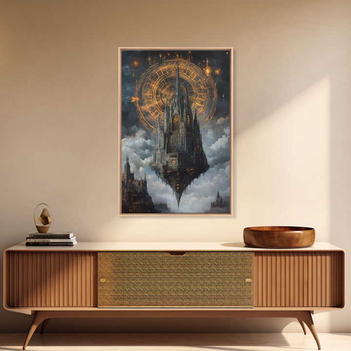 Floating Gothic Cathedral With Celestial Clock Framed Canvas Print, Dark Academia Wall Art, Steampunk Fantasy Office Decor