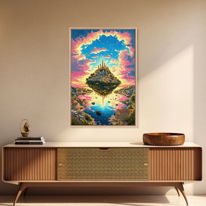 Floating Island City At Pink Sunset Wall Art, Vibrant Fantasy Landscape Canvas Print, Coastal Village, Colorful Home Decor