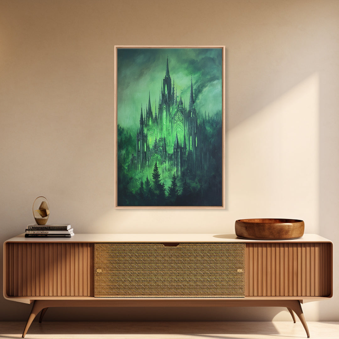 Emerald Gothic Castle In Misty Forest Wall Art, Dark Fantasy Decor, Moody Green Gothic Wall Decor, Magical Castle Print Poster
