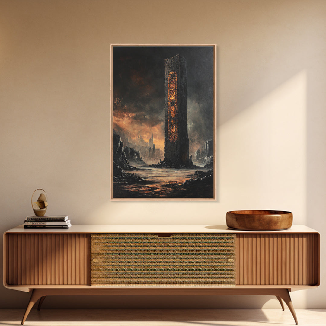 Ancient Rune Monolith In Dark Wasteland Canvas Print, Dystopian Sci Fi Wall Decor, Futuristic Tower Art, Gothic Home Decor