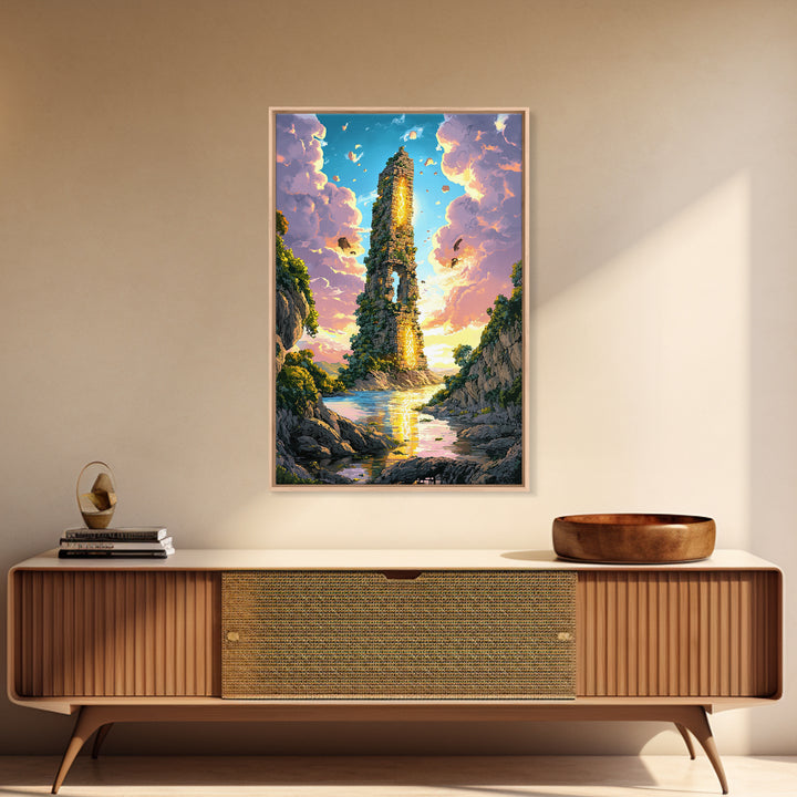Sunlit Ruined Tower With Golden Portal Canvas Print, Fantasy River Landscape Art, Vibrant Coastal Wall Decor, Magical Home Decor