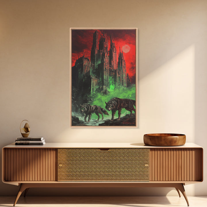 Red Moon Gothic Citadel With Wolves Wall Art, Dark Fantasy Castle Print, Black And Red Wall Decor, Moody Gothic Home Decor