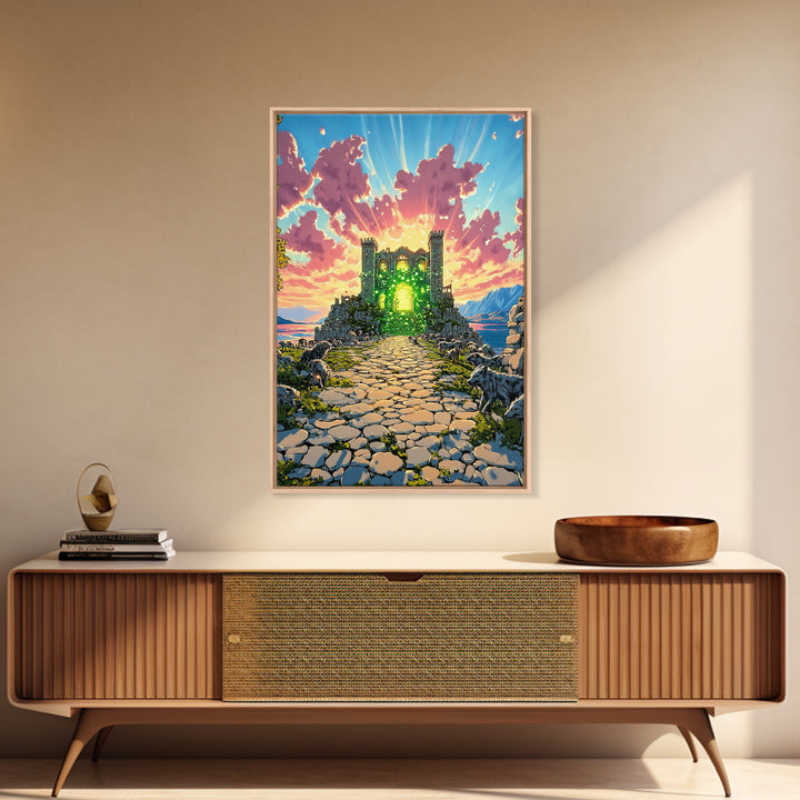 Glowing Green Ruined Castle Path Framed Canvas Print, Fantasy Landscape Wall Art, Colorful Mountain Decor, Whimsical Wolf Art