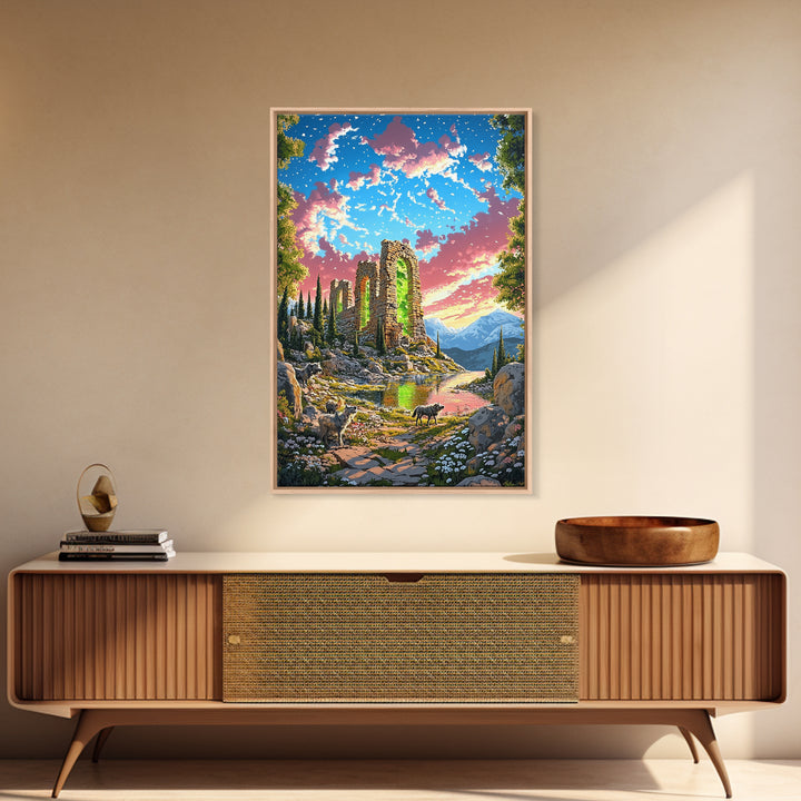 Sunset Stone Ruins With Green Portal Canvas Print, Fantasy Mountain Landscape Wall Art, Vibrant Nature Decor, Whimsical Goat Art
