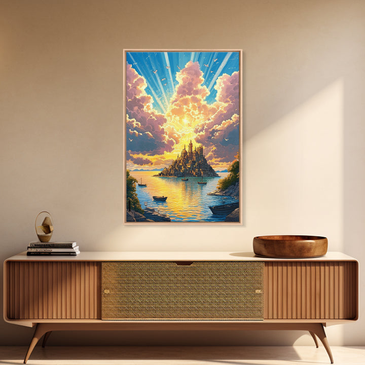 Golden Island Cathedral With Boats Canvas Print, Coastal Fantasy Wall Art, Sunset Seascape Decor For Serene Living Room Art