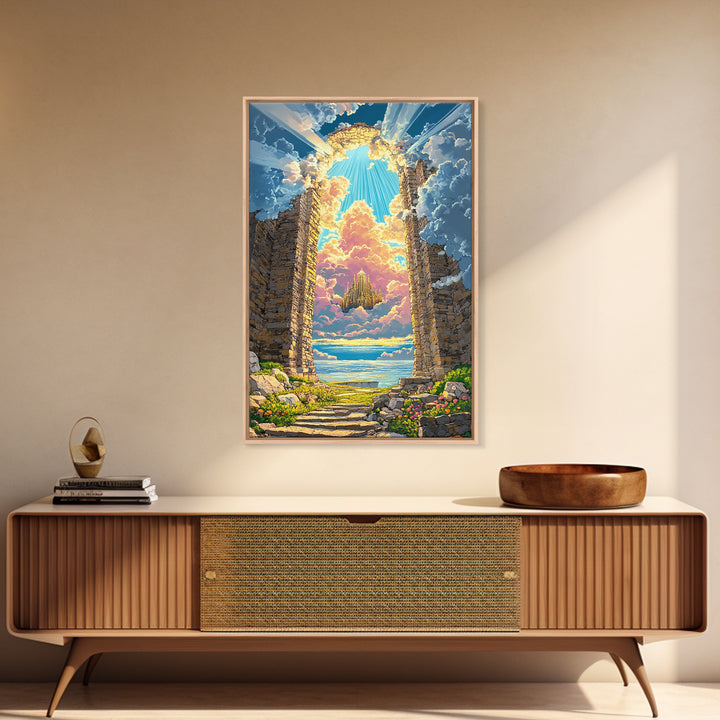 Stone Portal To Floating Castle Framed Canvas Print, Fantasy Landscape Wall Art, Magical Ruins Decor, Unique Gift For Her