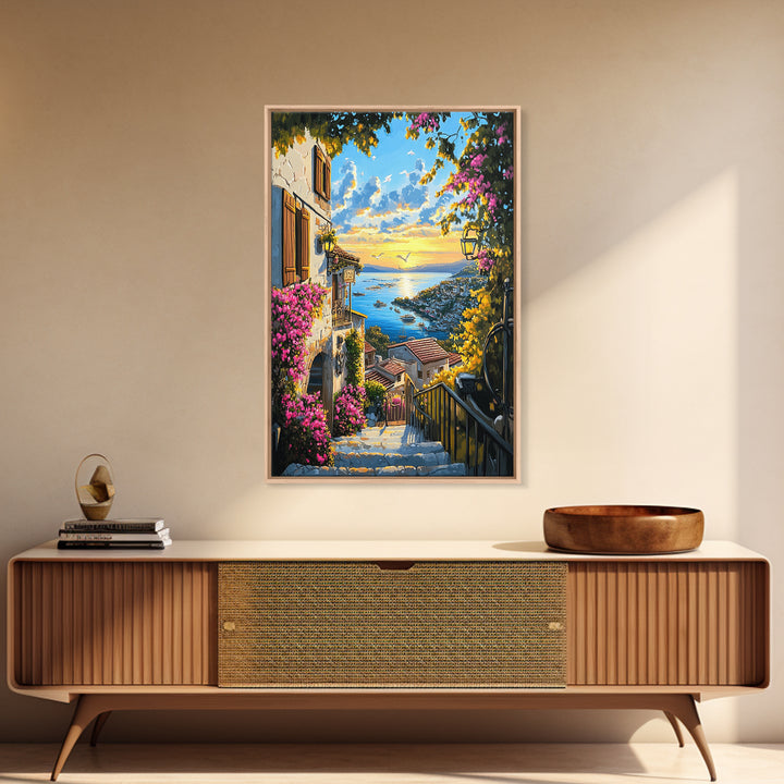 Mediterranean Village Steps Above Blue Sea Wall Art, Coastal Canvas Print, Floral Travel Poster Decor, Gift For Her Home Decor