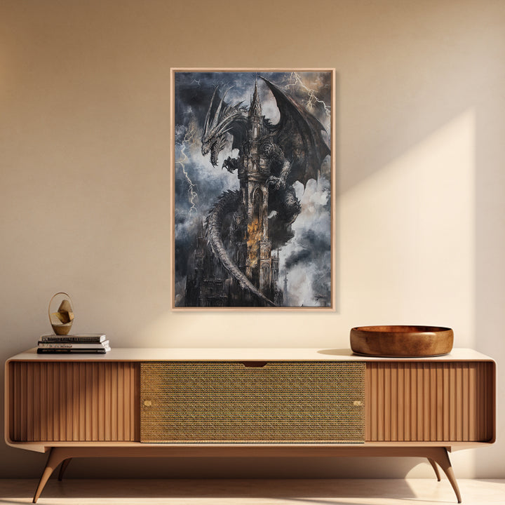 Dark Storm Dragon Cathedral Wall Art, Gothic Fantasy Castle Canvas, Lightning Dragon Print, Moody Medieval Home Decor Gift