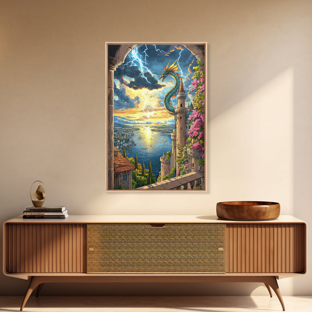 Sunset Sea Dragon Castle Wall Art, Vibrant Fantasy Coastal Landscape Print, Mediterranean Tower Living Room Decor, Gift For Her