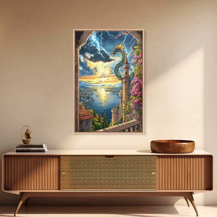 Sunset Sea Dragon Castle Wall Art, Vibrant Fantasy Coastal Landscape Print, Mediterranean Tower Living Room Decor, Gift For Her