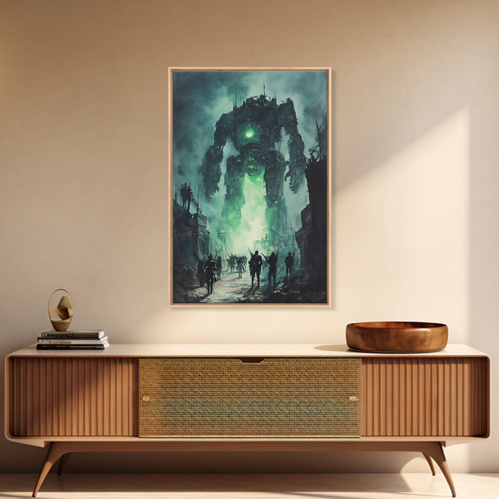 Green Glow Giant Robot Wall Art, Dark Sci Fi Dystopian City Canvas, Futuristic Mech Print, Gaming Room Decor Gift For Him