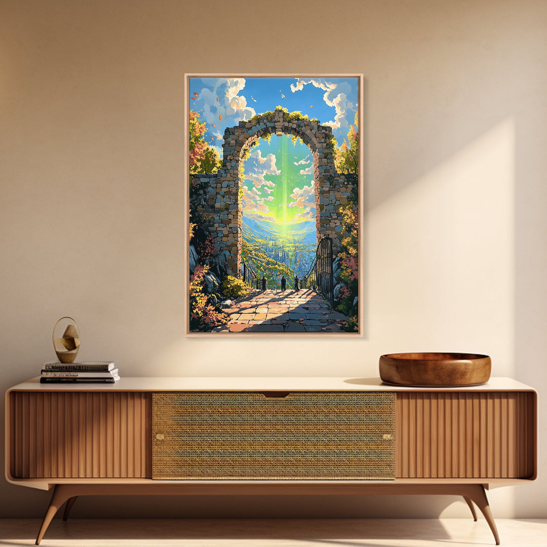 Sunlit Stone Arch Wall Art, Fantasy Coastal Ruins Canvas Print, Ocean Garden Path Landscape, Mediterranean Home Decor Gift