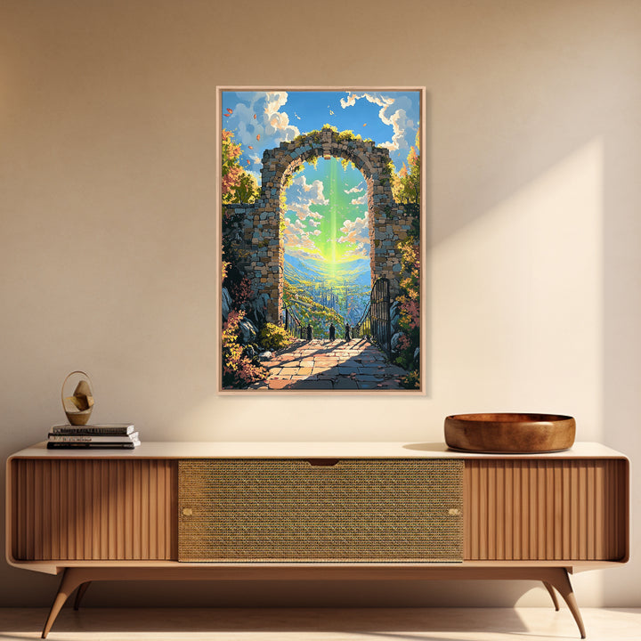 Sunlit Stone Arch Wall Art, Fantasy Coastal Ruins Canvas Print, Ocean Garden Path Landscape, Mediterranean Home Decor Gift