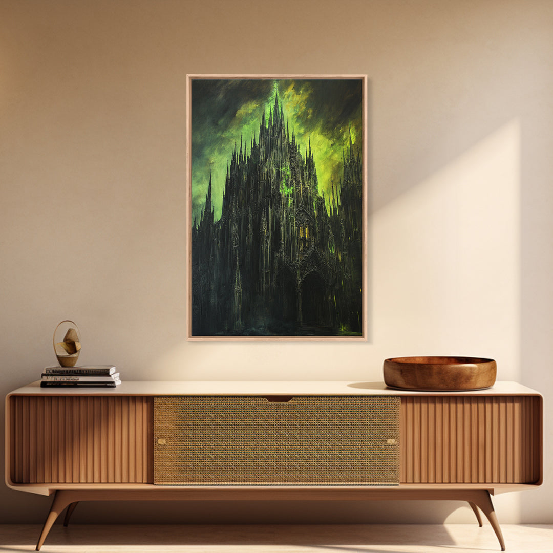 Dark Green Gothic Cathedral Wall Art, Moody Fantasy Castle Canvas Print, Black Spire Architecture, Dark Academia Decor Gift