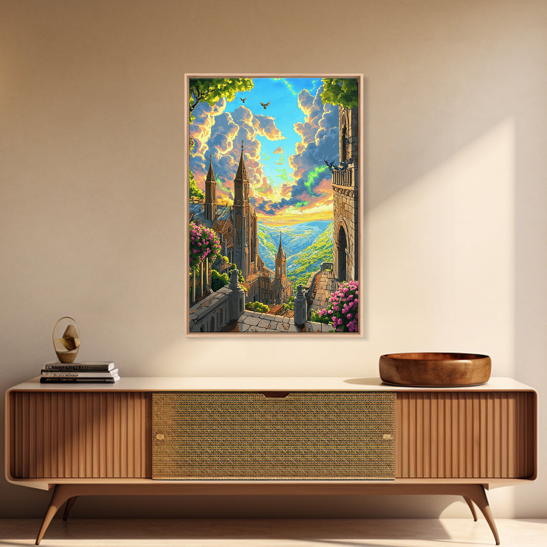 Sunlit Fantasy Cathedral Wall Art, Mountain Valley Castle Print, Floral Stone Balcony Landscape, Whimsical Home Decor Gift