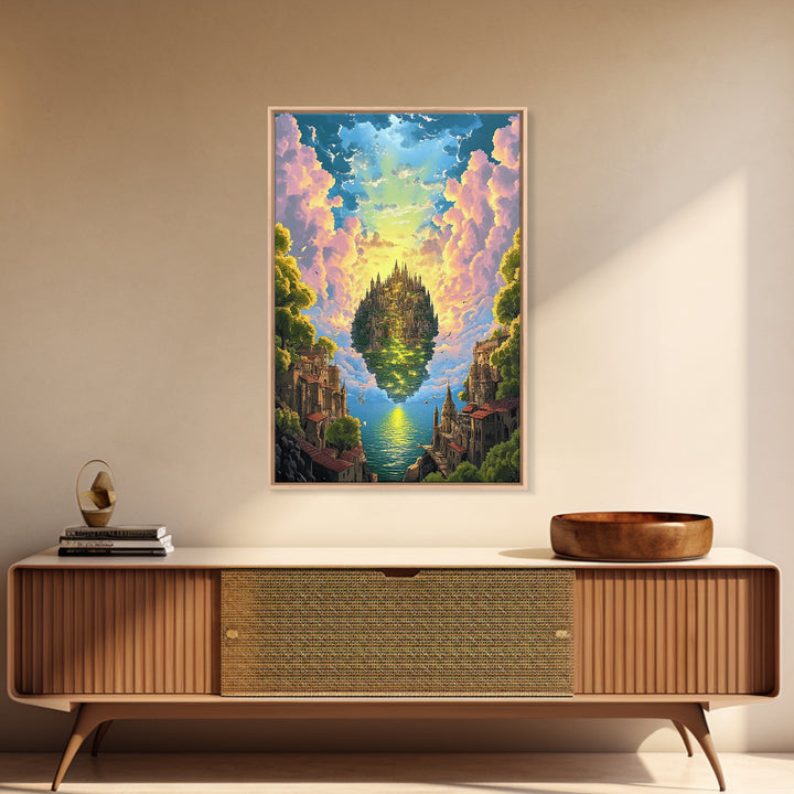 Floating Island Castle At Golden Sunset Canvas Print, Fantasy Wall Decor, Coastal Landscape Art, Large Living Room Decor