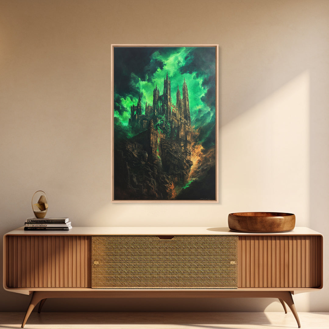 Emerald Gothic Cathedral In Storm Clouds Framed Canvas Print, Dark Fantasy Art, Moody Wall Decor, Dramatic Office Decor